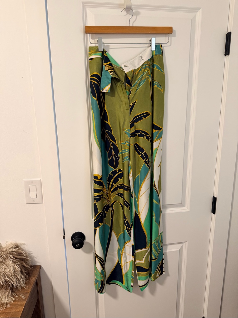 Reiss Olive & Teal Tropical-Print Wide Leg Pants